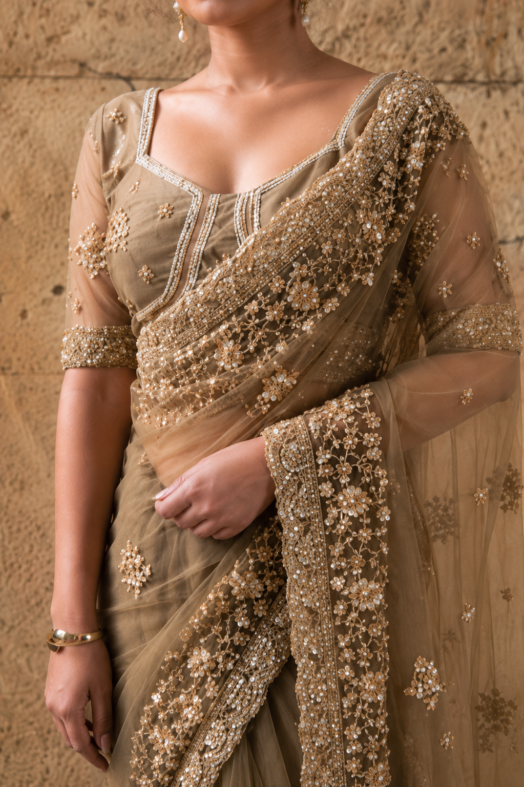 Dark Golden Net Saree with Hand Embroidery with Stitched Blouse