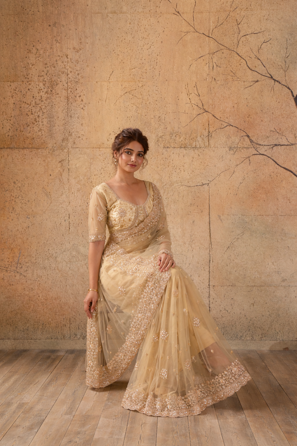 Beige Gold Net Saree with Hand Embroidery with Stitched Blouse