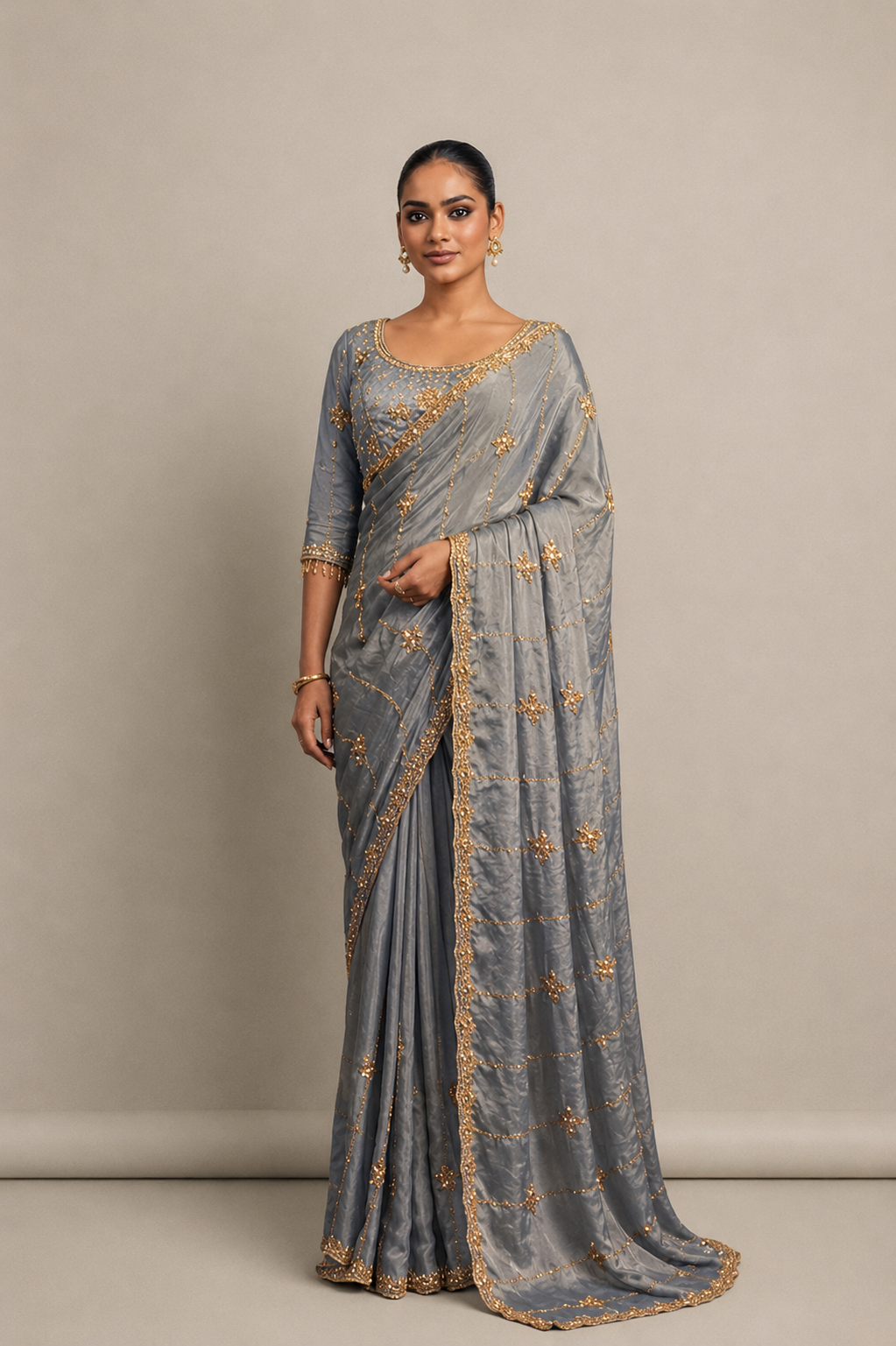 Golden Grey Tissue Silk Saree with Hand Embroidery with Stitched Blouse