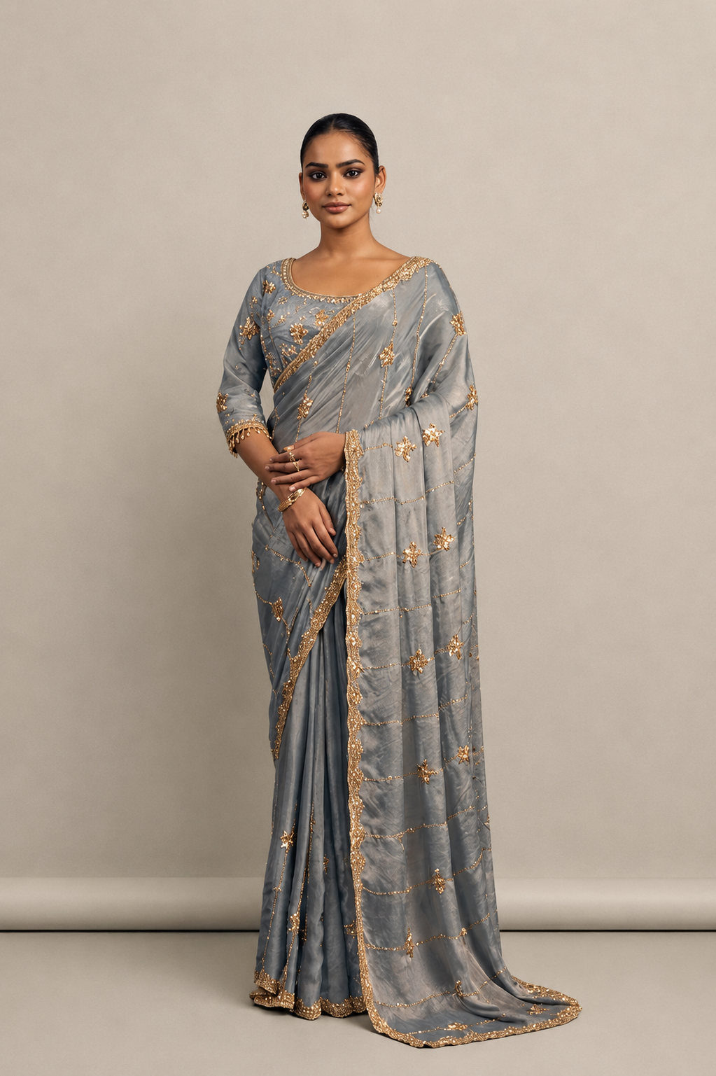 Golden Grey Tissue Silk Saree with Hand Embroidery with Stitched Blouse