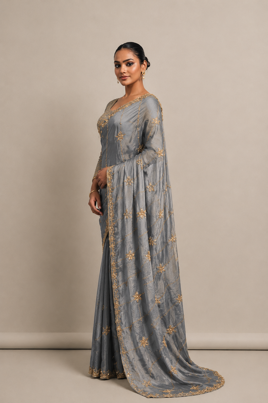 Golden Grey Tissue Silk Saree with Hand Embroidery with Stitched Blouse