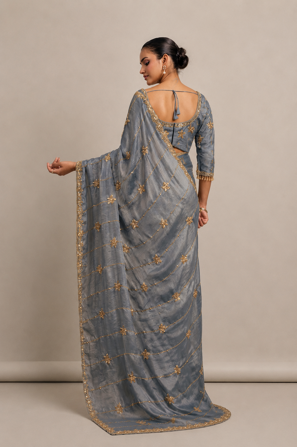 Golden Grey Tissue Silk Saree with Hand Embroidery with Stitched Blouse