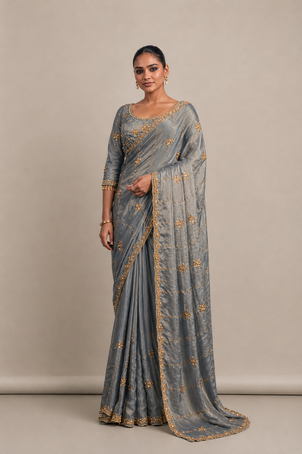 Golden Grey Tissue Silk Saree with Hand Embroidery with Stitched Blouse