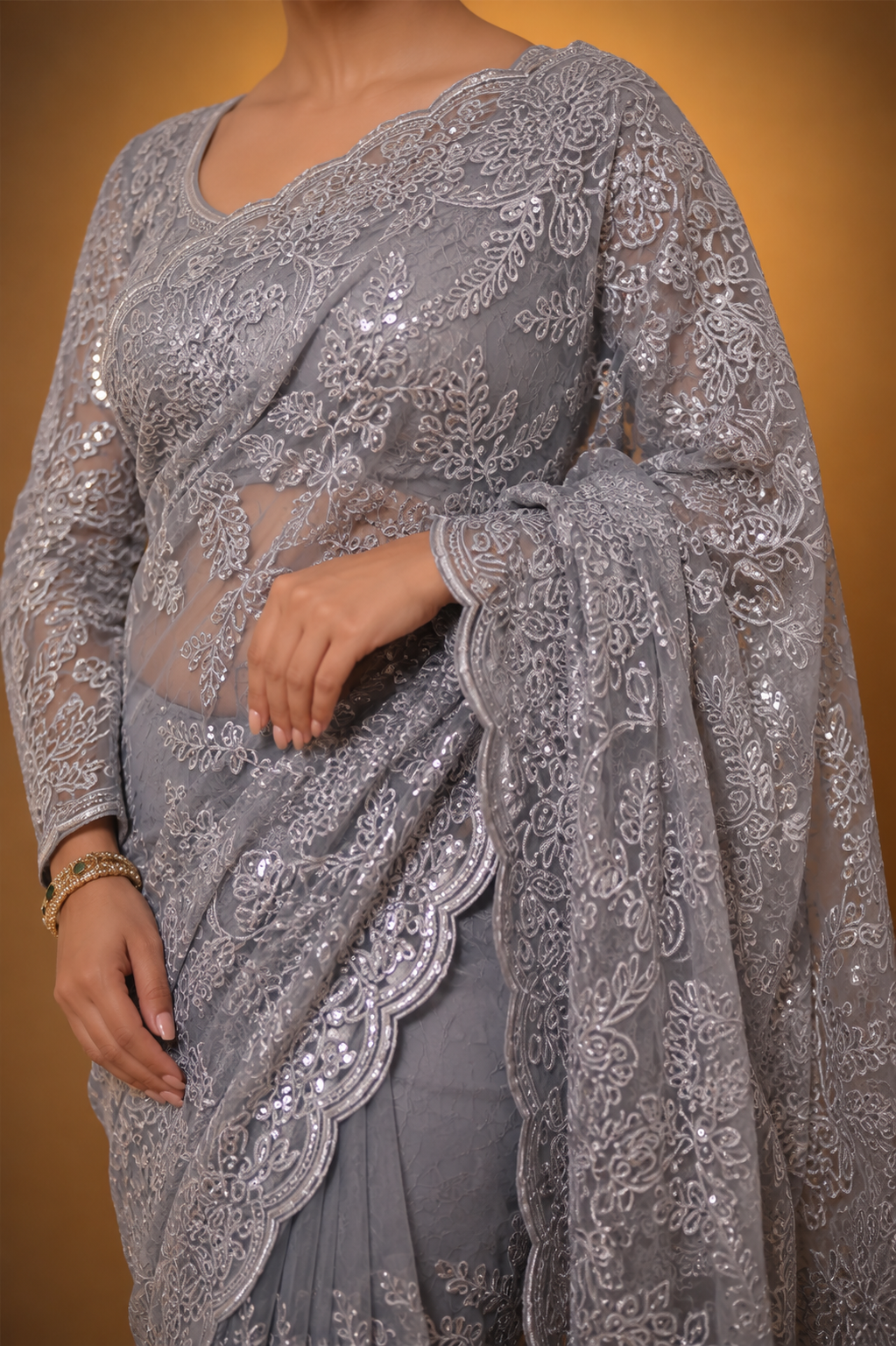 Grey Super Net Saree Featuring Sequin & Swarovski Detailing