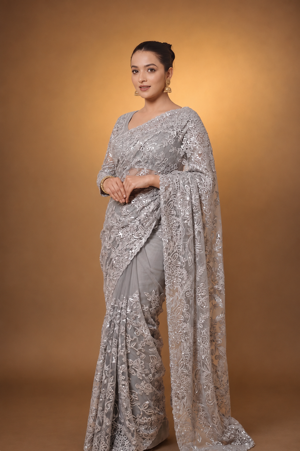 Grey Super Net Saree Featuring Sequin & Swarovski Detailing