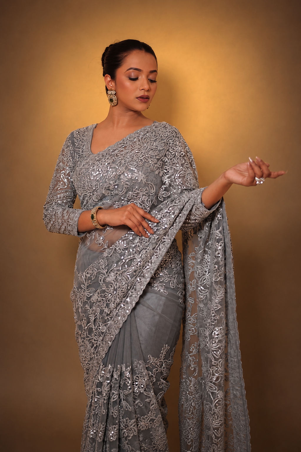 Grey Super Net Saree Featuring Sequin & Swarovski Detailing
