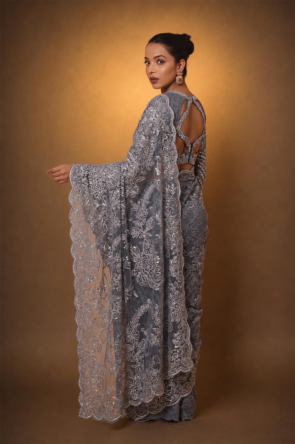 Grey Super Net Saree Featuring Sequin & Swarovski Detailing