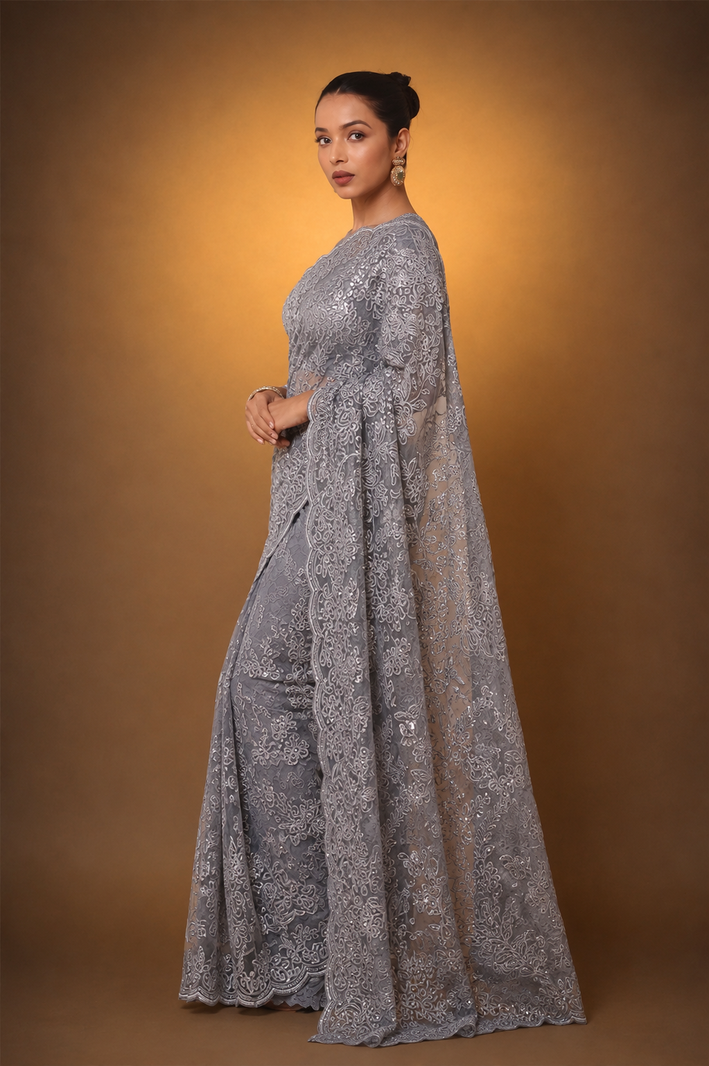Grey Super Net Saree Featuring Sequin & Swarovski Detailing