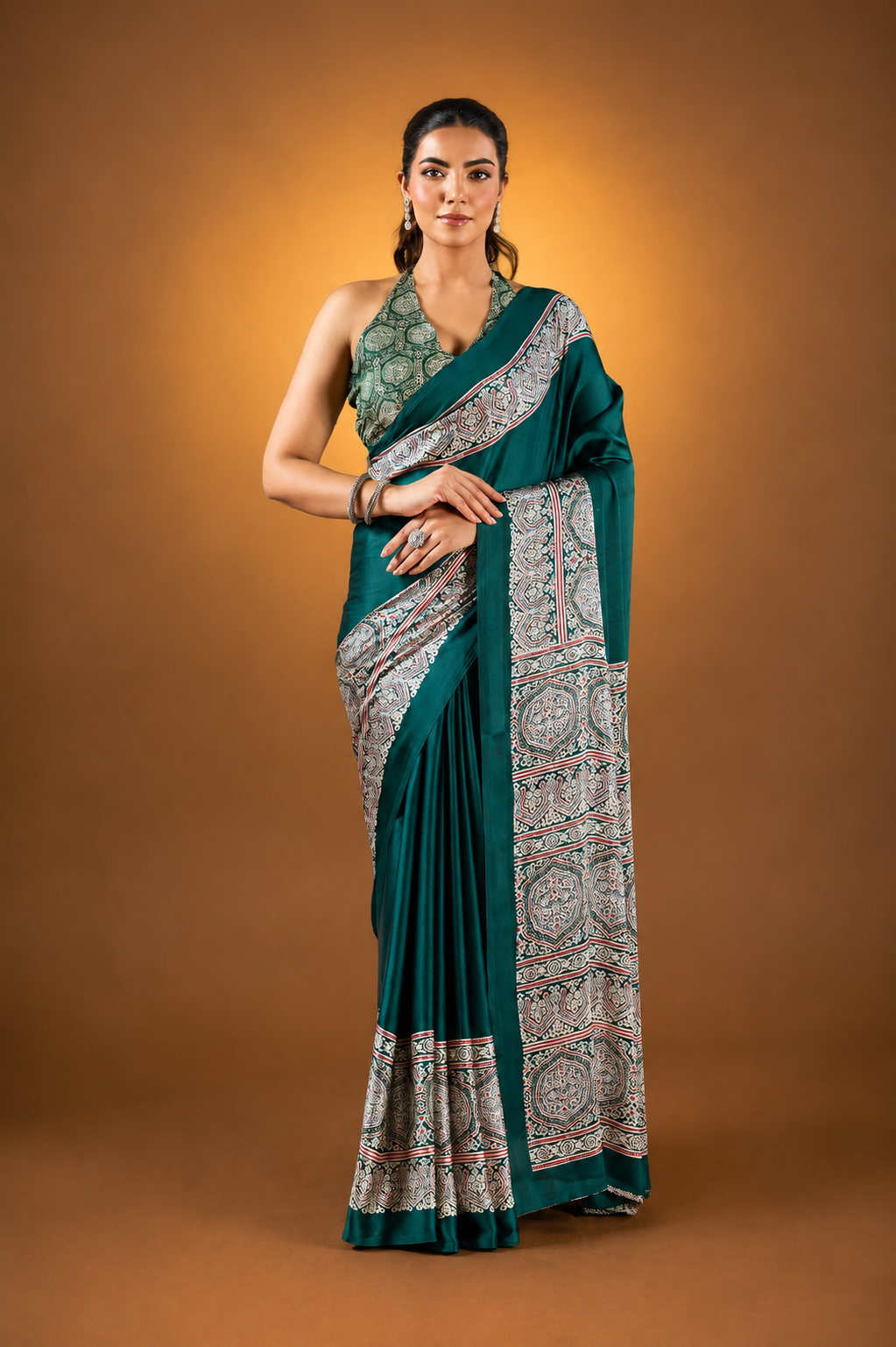 Dark Green Satin Modal Silk Saree with Ajrak Print