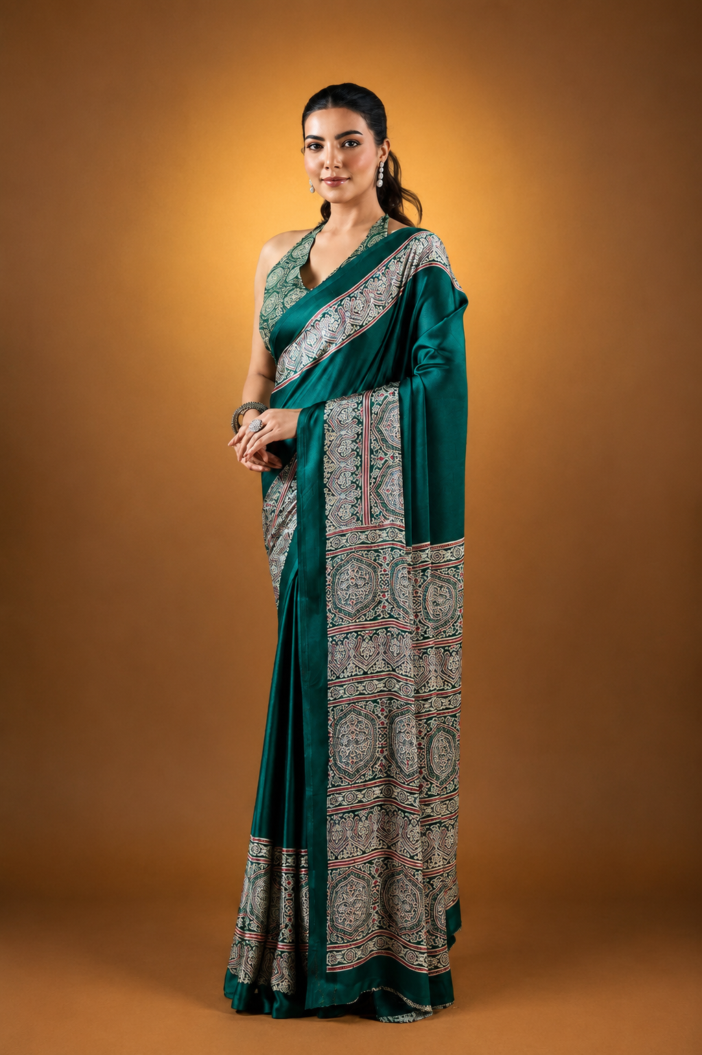 Dark Green Satin Modal Silk Saree with Ajrak Print