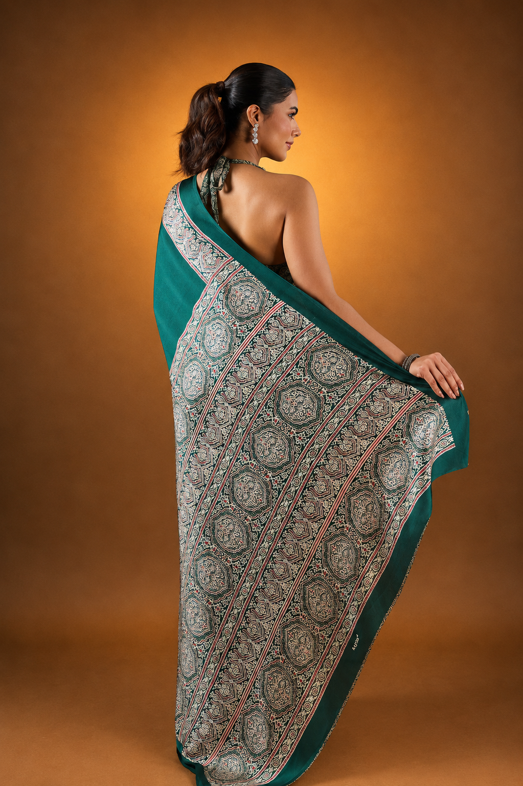 Dark Green Satin Modal Silk Saree with Ajrak Print