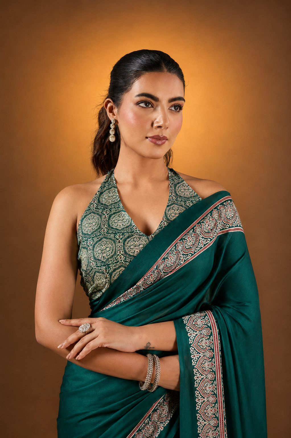 Dark Green Satin Modal Silk Saree with Ajrak Print