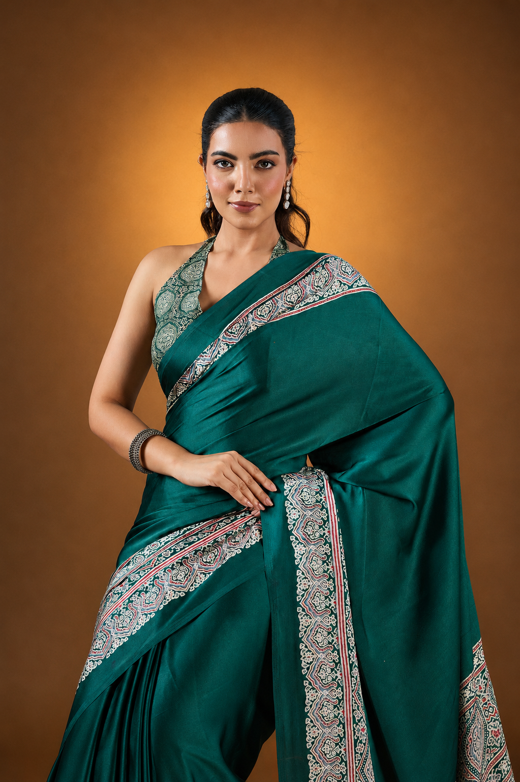 Dark Green Satin Modal Silk Saree with Ajrak Print