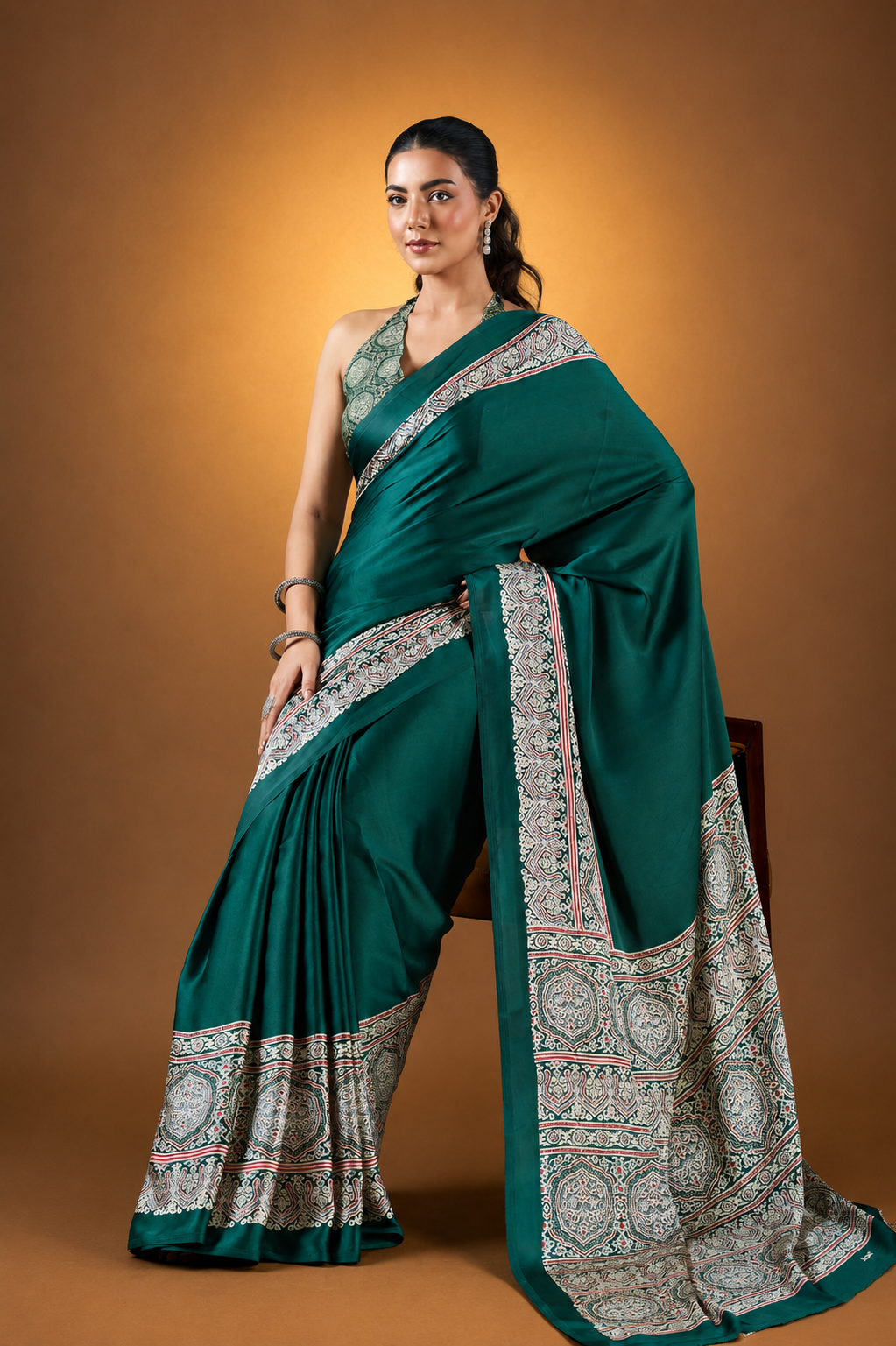 Dark Green Satin Modal Silk Saree with Ajrak Print