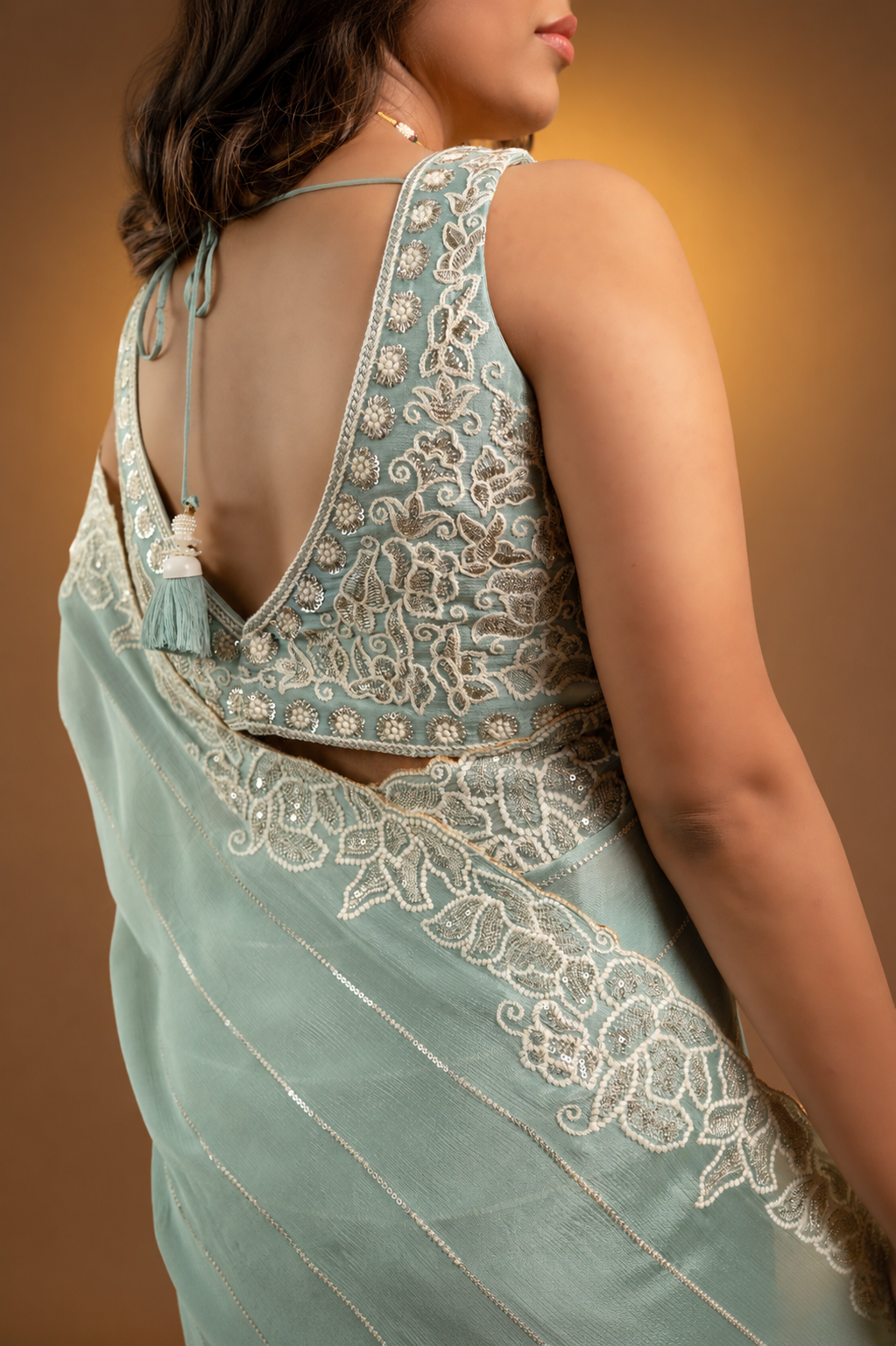Two Blouse Concept – Sea Blue Designer Georgette Saree with White and Silver Embroidery