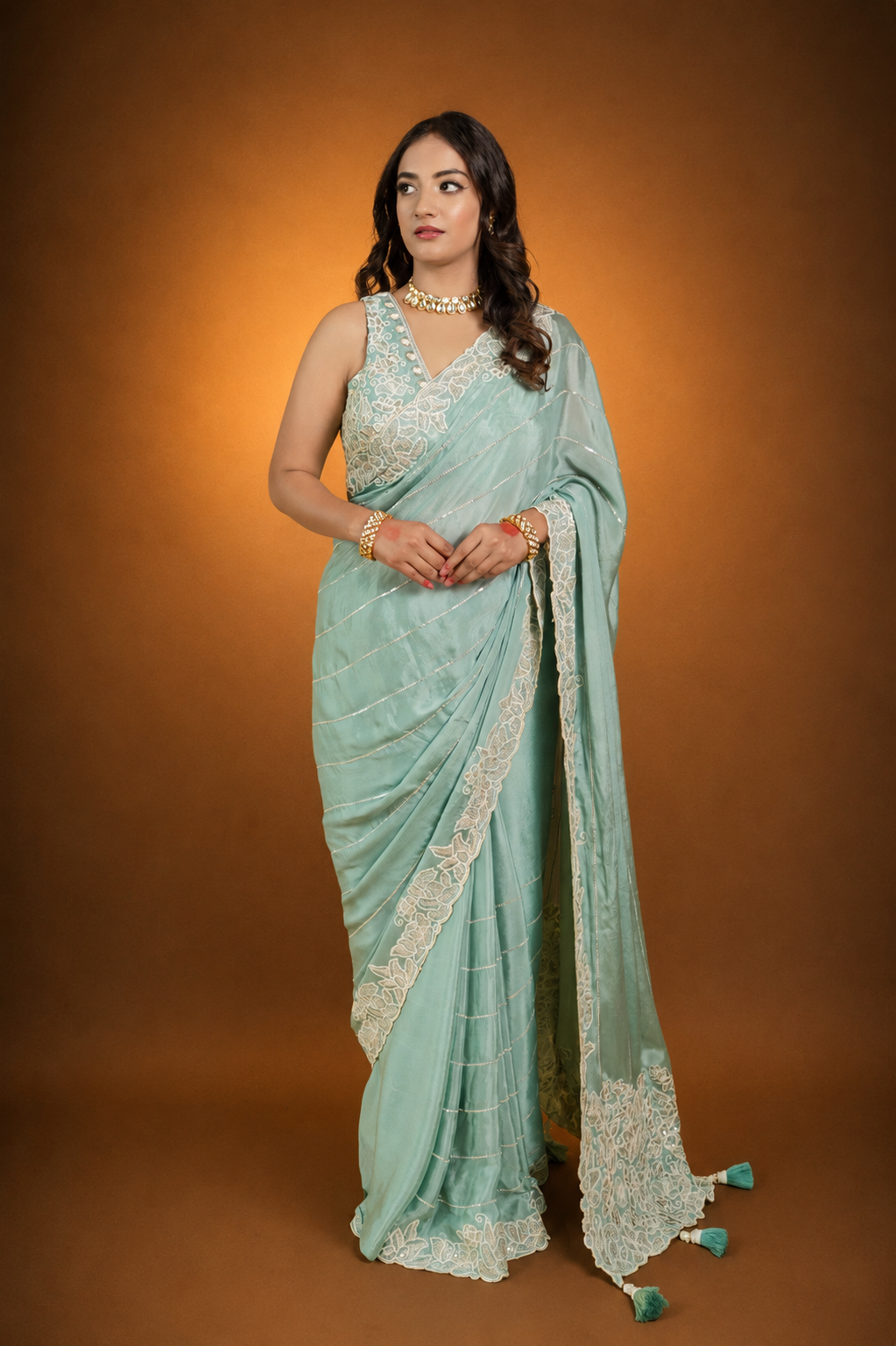 Two Blouse Concept – Sea Blue Designer Georgette Saree with White and Silver Embroidery
