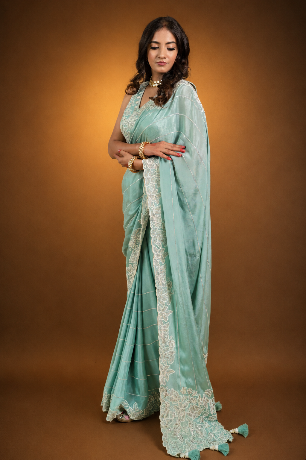 Two Blouse Concept – Sea Blue Designer Georgette Saree with White and Silver Embroidery