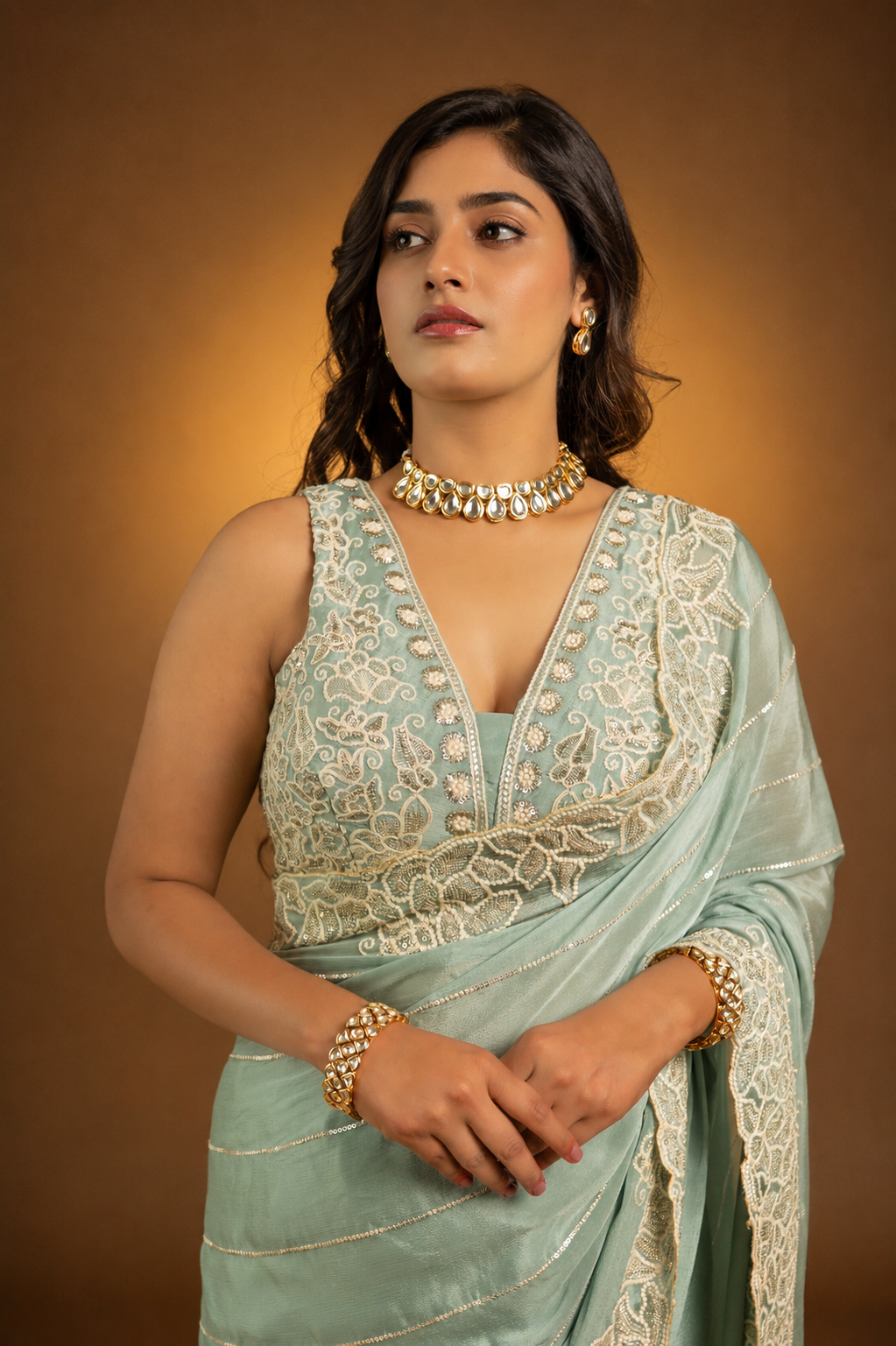 Two Blouse Concept – Sea Blue Designer Georgette Saree with White and Silver Embroidery