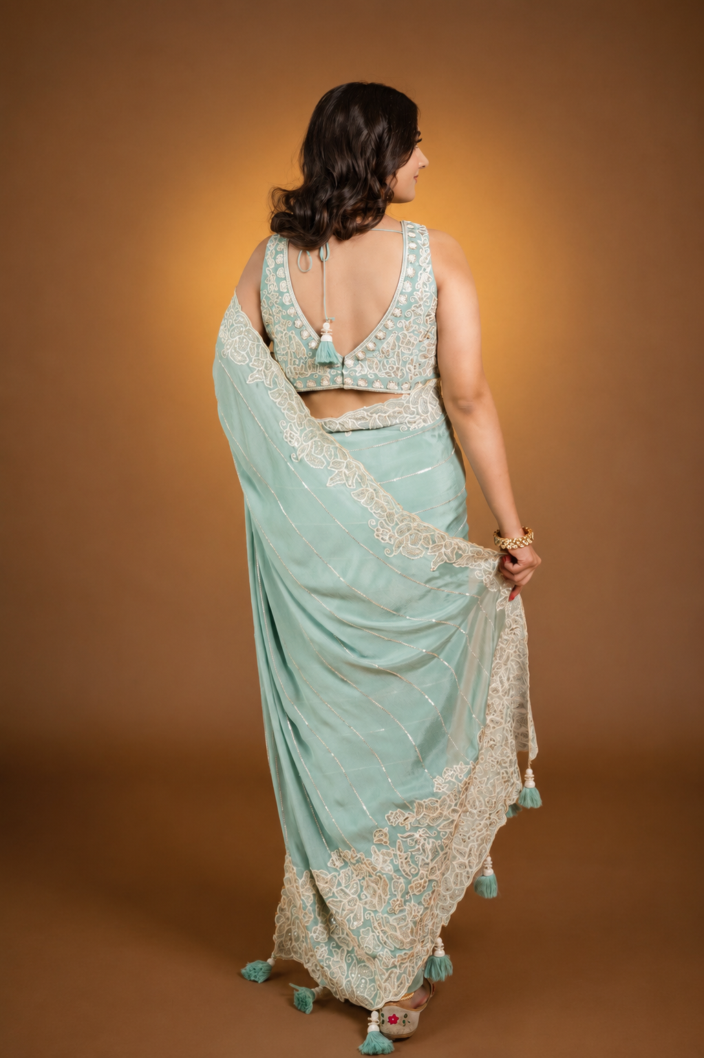 Two Blouse Concept – Sea Blue Designer Georgette Saree with White and Silver Embroidery