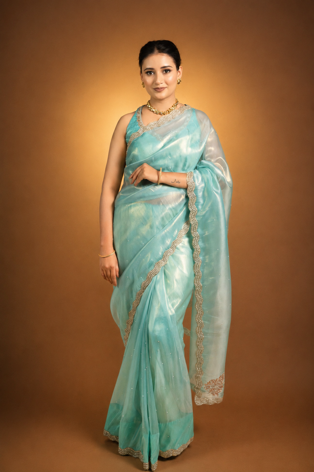 Sea Green Shimmer Organza Saree with Pearl and Sequin work