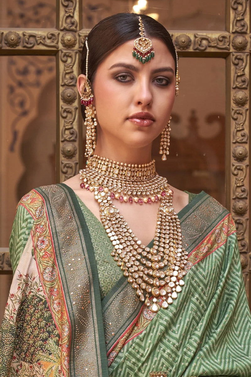 Green  Saree with Cream Border Viscose Silk with Exclusive Design and Additional Work - Mayrake