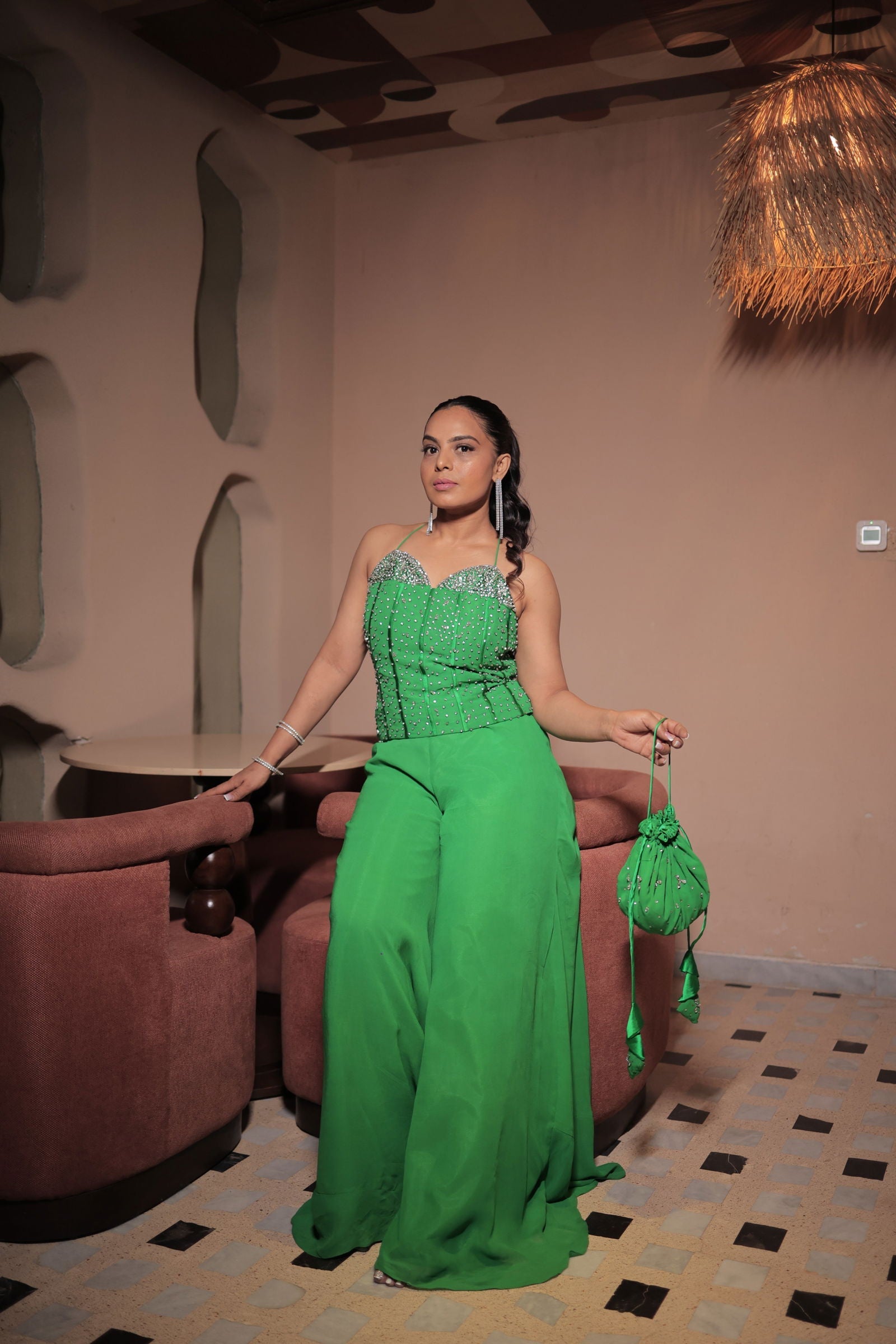 Green Viscose Silk Cord-Set Suit With Stone Work And Matching Potli - Mayrake.in