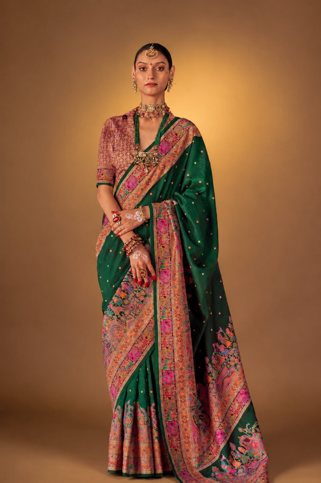 Bottle Green Raw Silk Saree with Heritage Prints