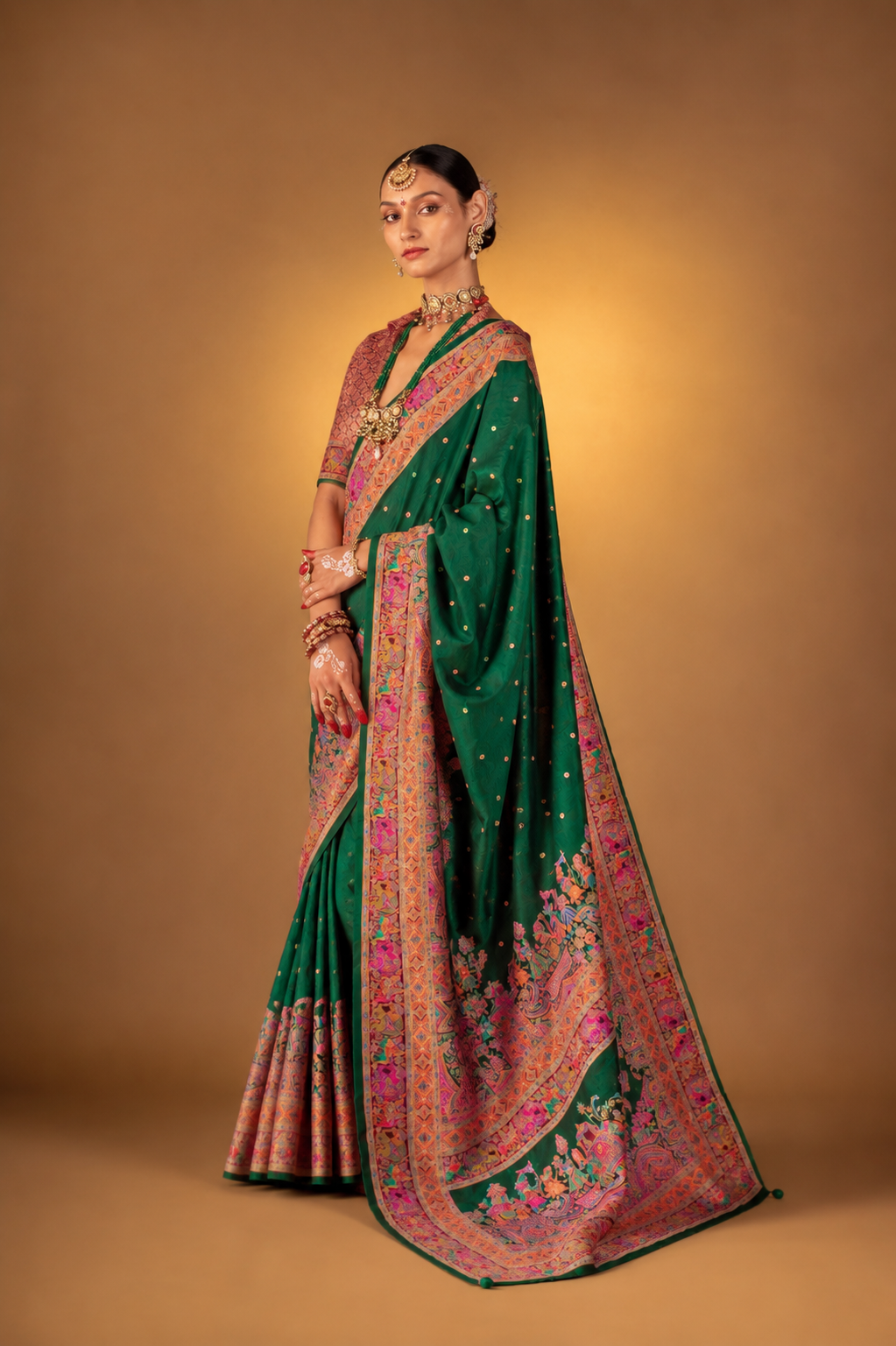 Bottle Green Raw Silk Saree with Heritage Prints