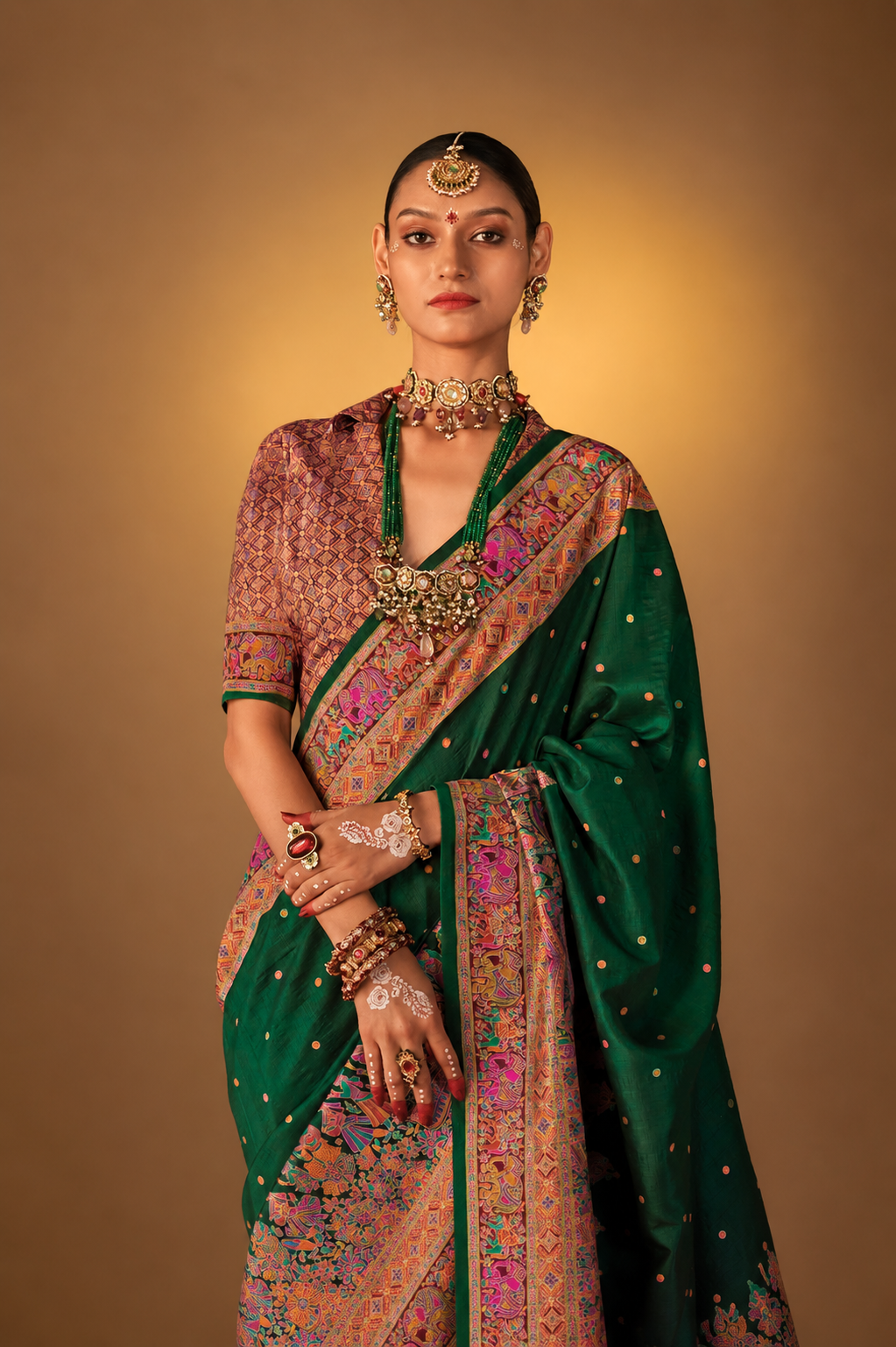 Bottle Green Raw Silk Saree with Heritage Prints