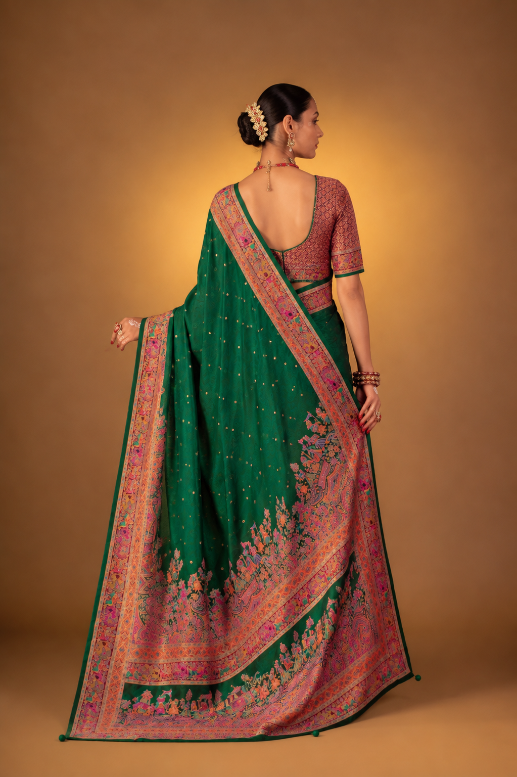 Bottle Green Raw Silk Saree with Heritage Prints
