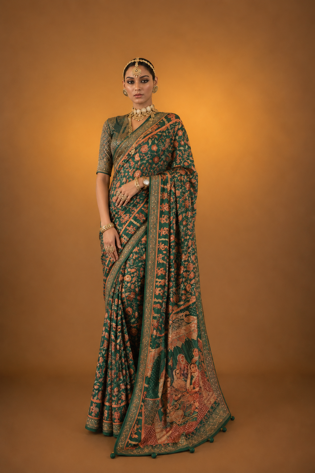 Emerald Green Raw Silk Saree with Ethnic Heritage Prints