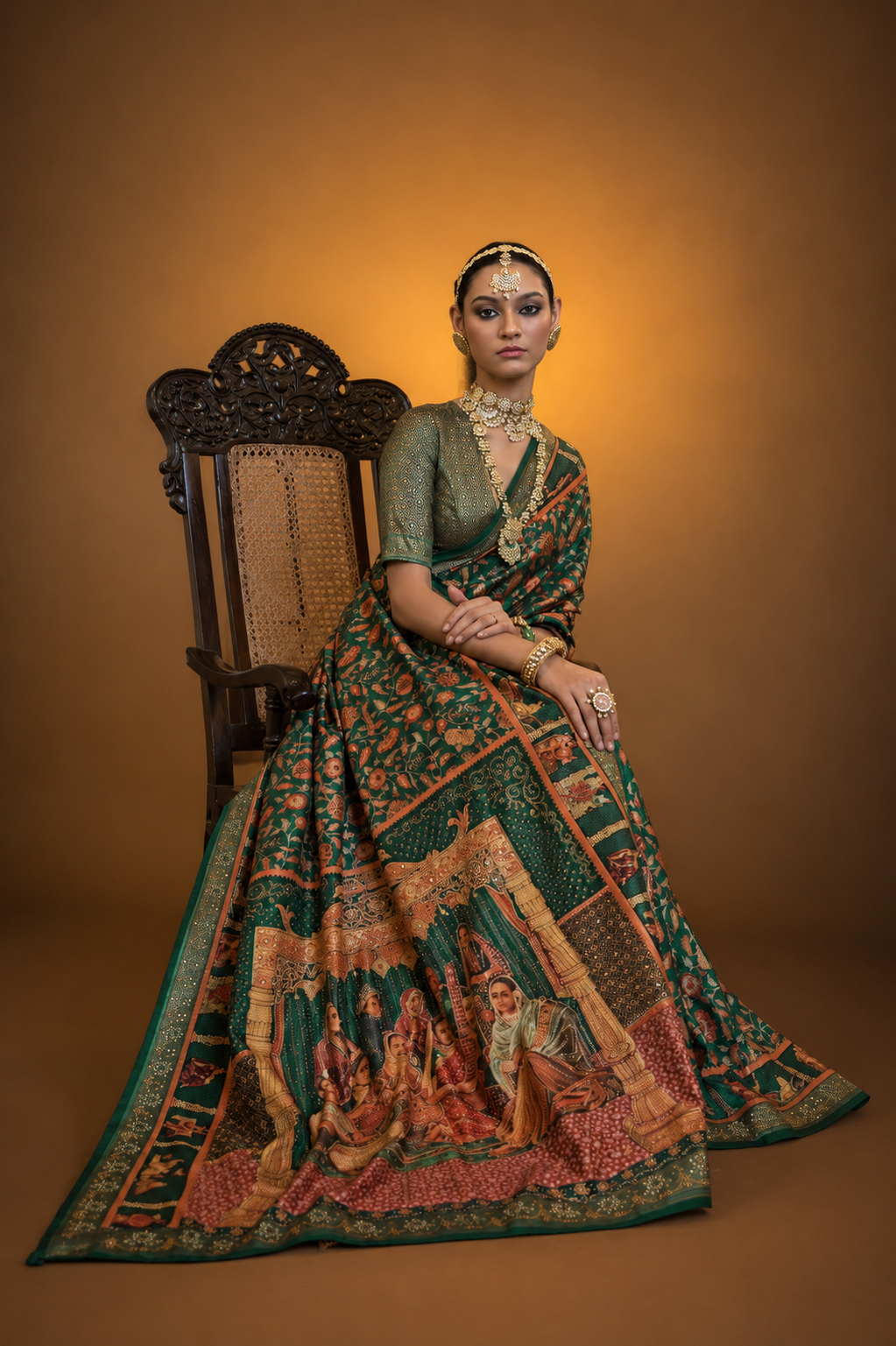 Emerald Green Raw Silk Saree with Ethnic Heritage Prints