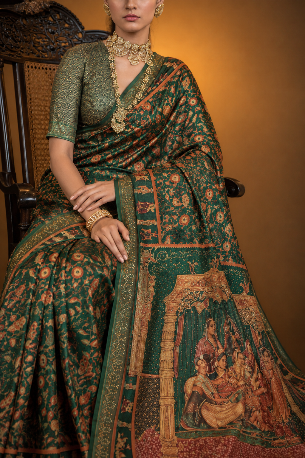 Emerald Green Raw Silk Saree with Ethnic Heritage Prints