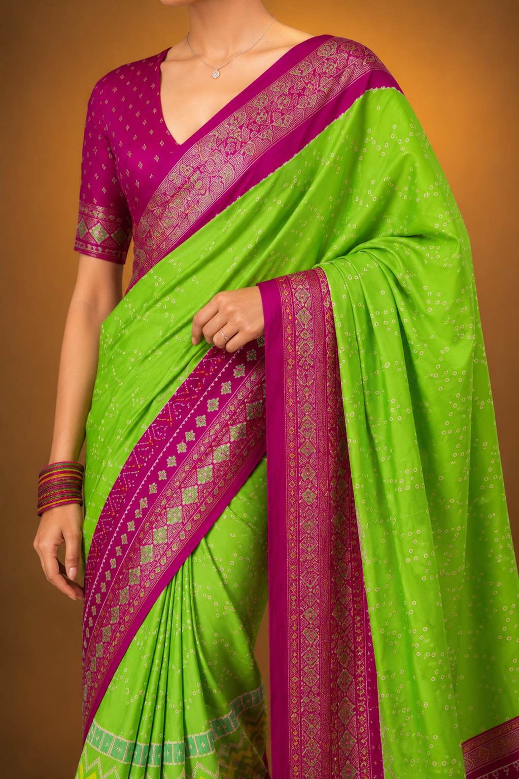 Green Magenta Raw Silk Saree with Patola Design