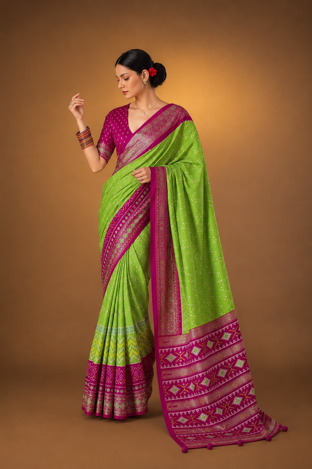 Green Magenta Raw Silk Saree with Patola Design