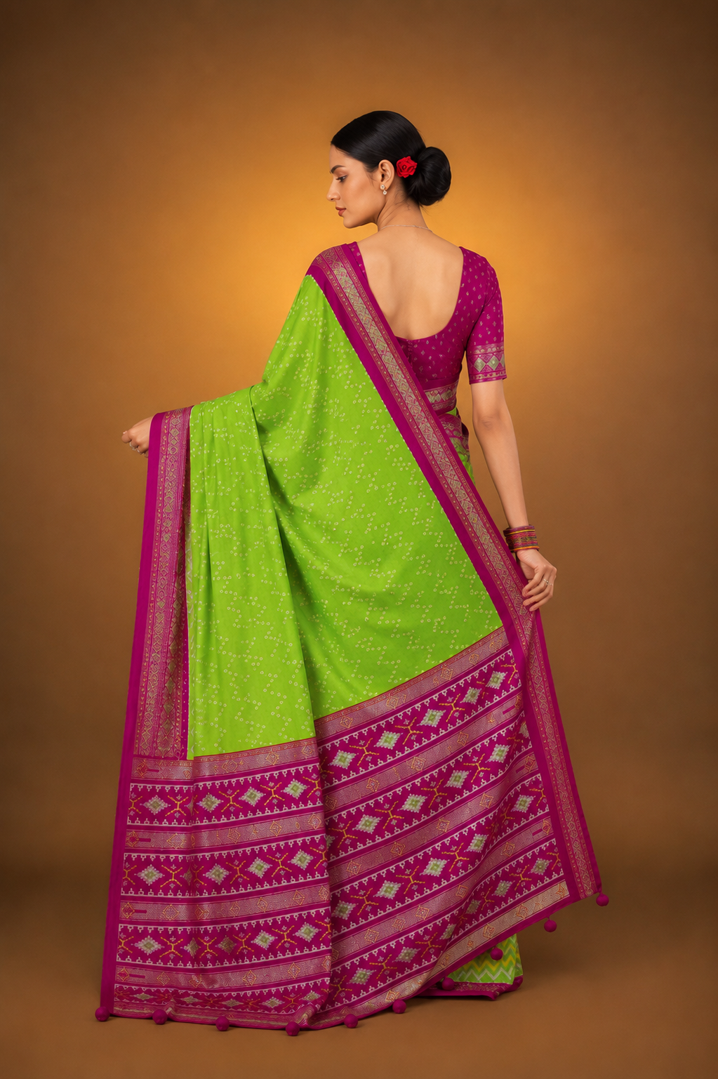 Green Magenta Raw Silk Saree with Patola Design