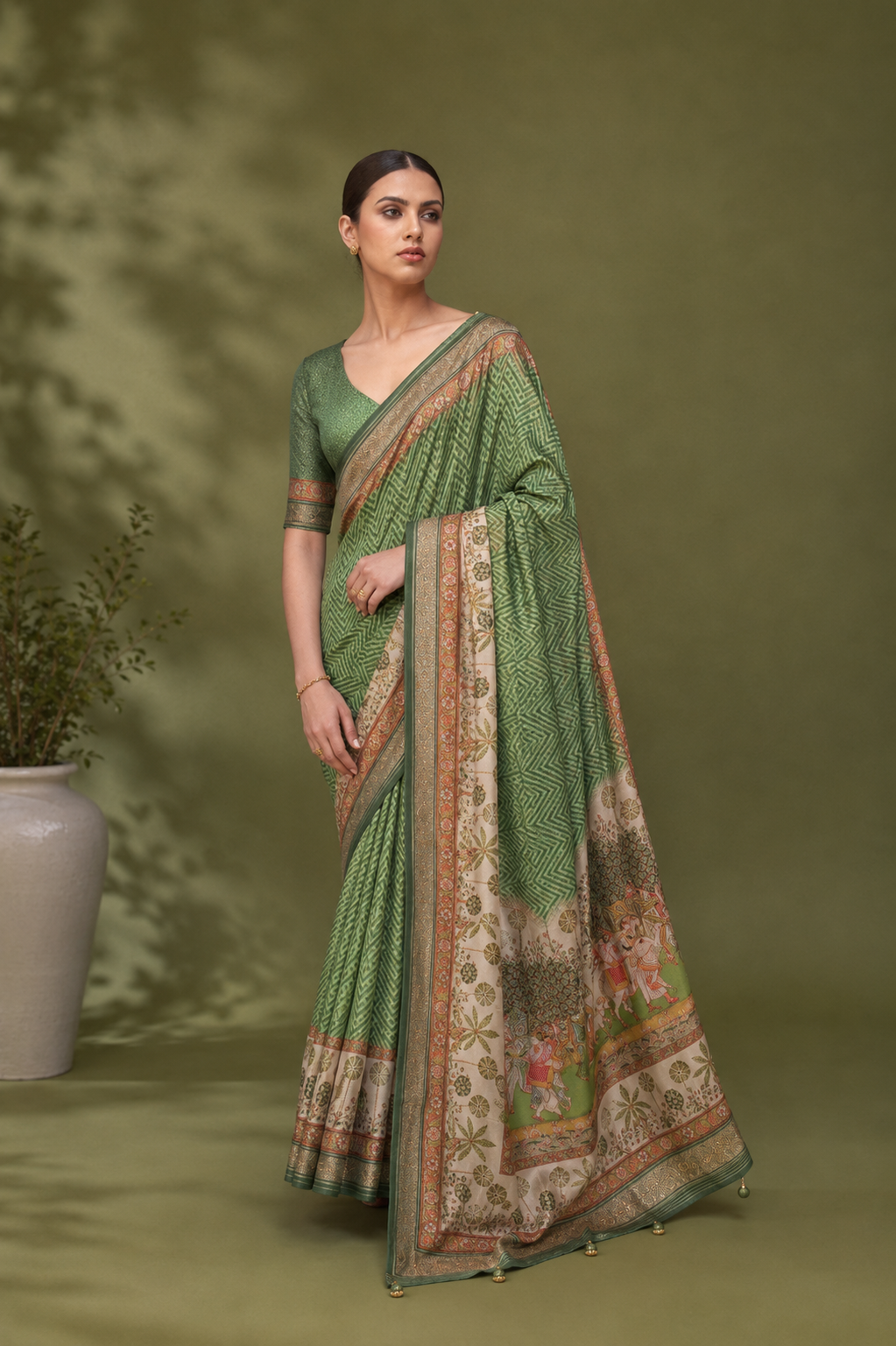 Green Raw Silk Saree with Cream Border & Heritage Work