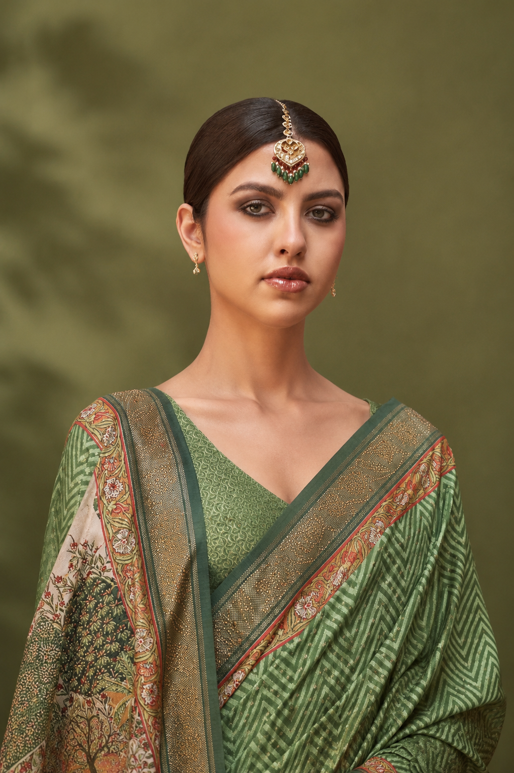 Green Raw Silk Saree with Cream Border & Heritage Work