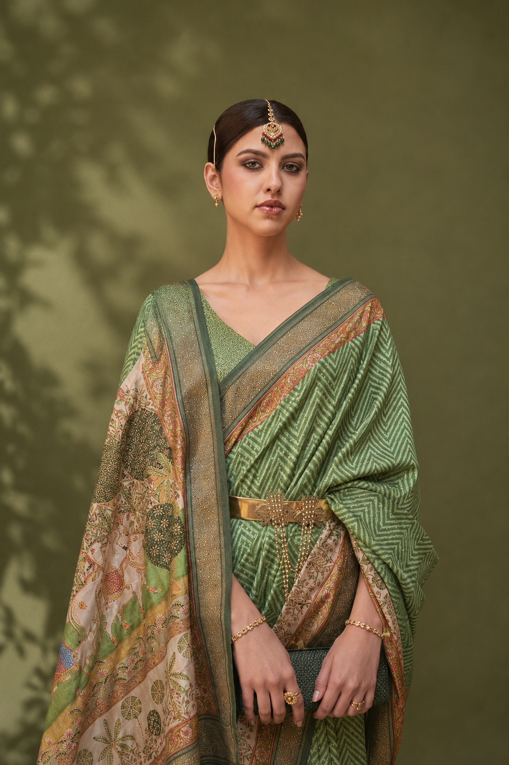Green Raw Silk Saree with Cream Border & Heritage Work