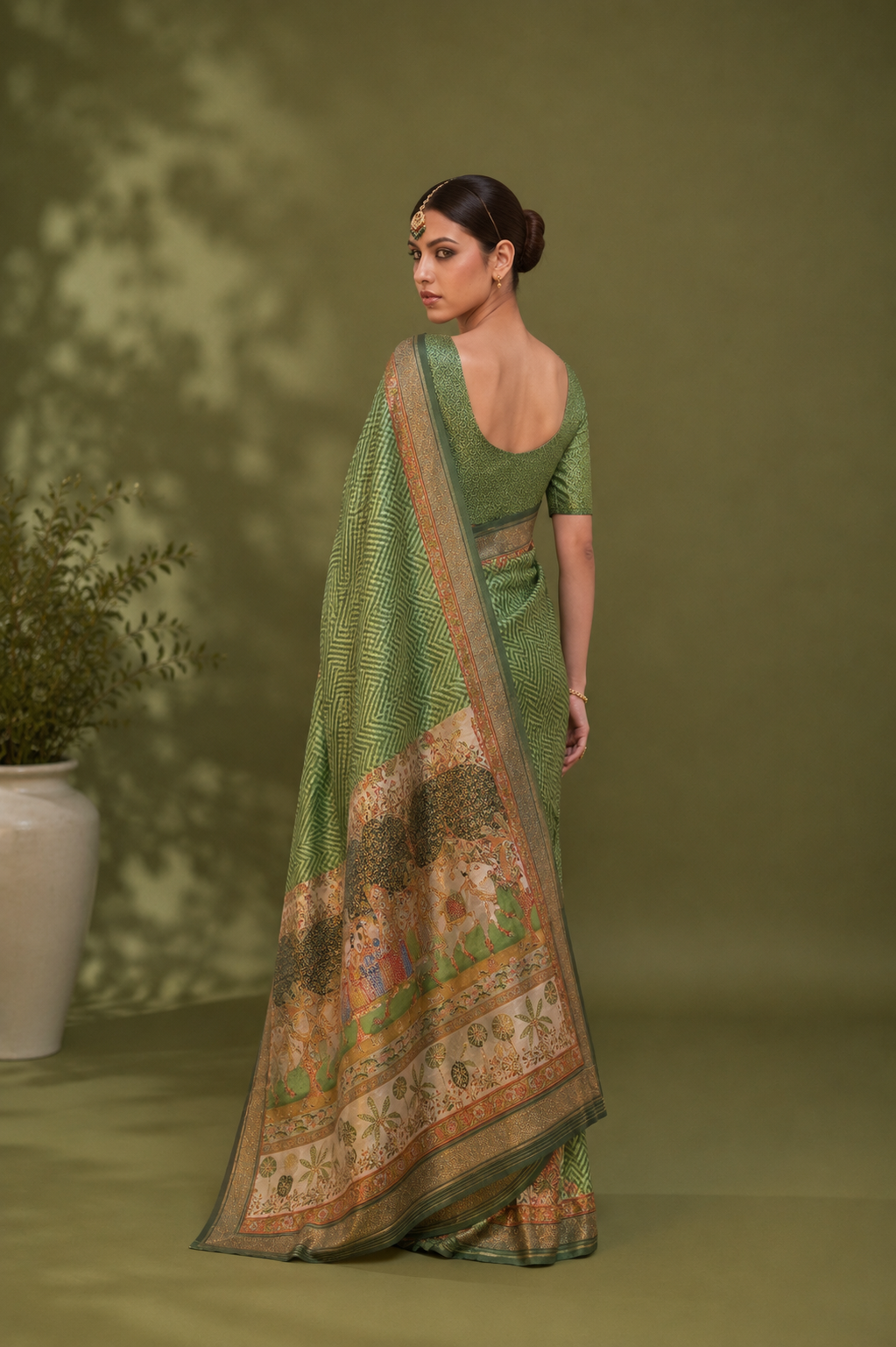 Green Raw Silk Saree with Cream Border & Heritage Work
