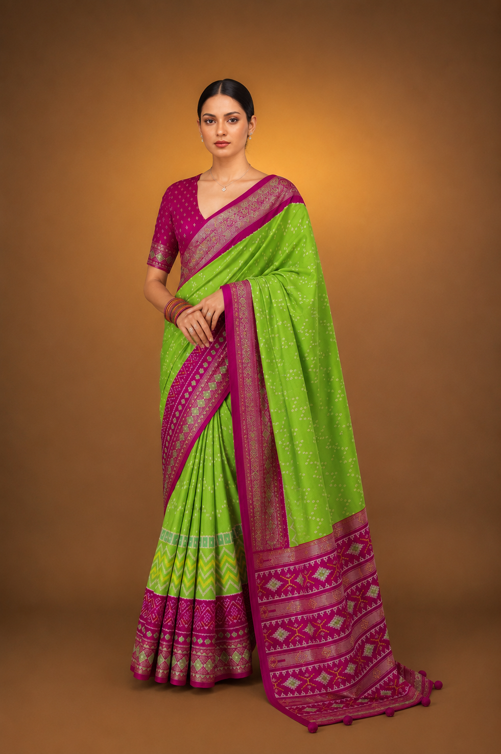 Green Magenta Raw Silk Saree with Patola Design