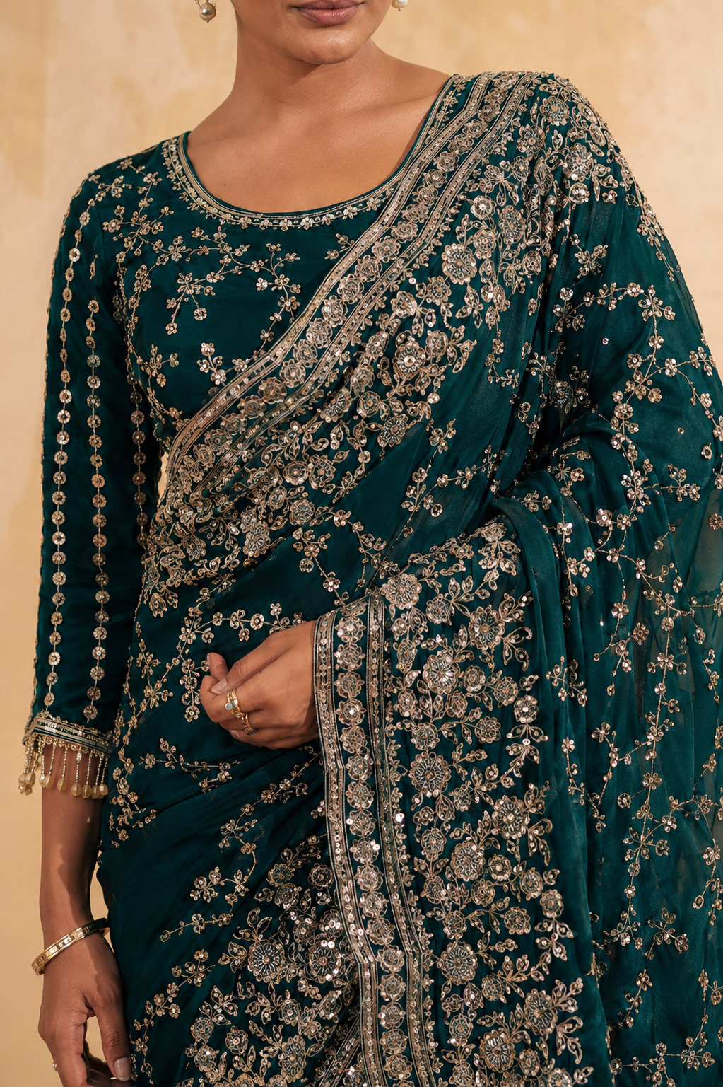 Bottle Green Organza Silk Saree with Hand Embroidery with Stitched Blouse