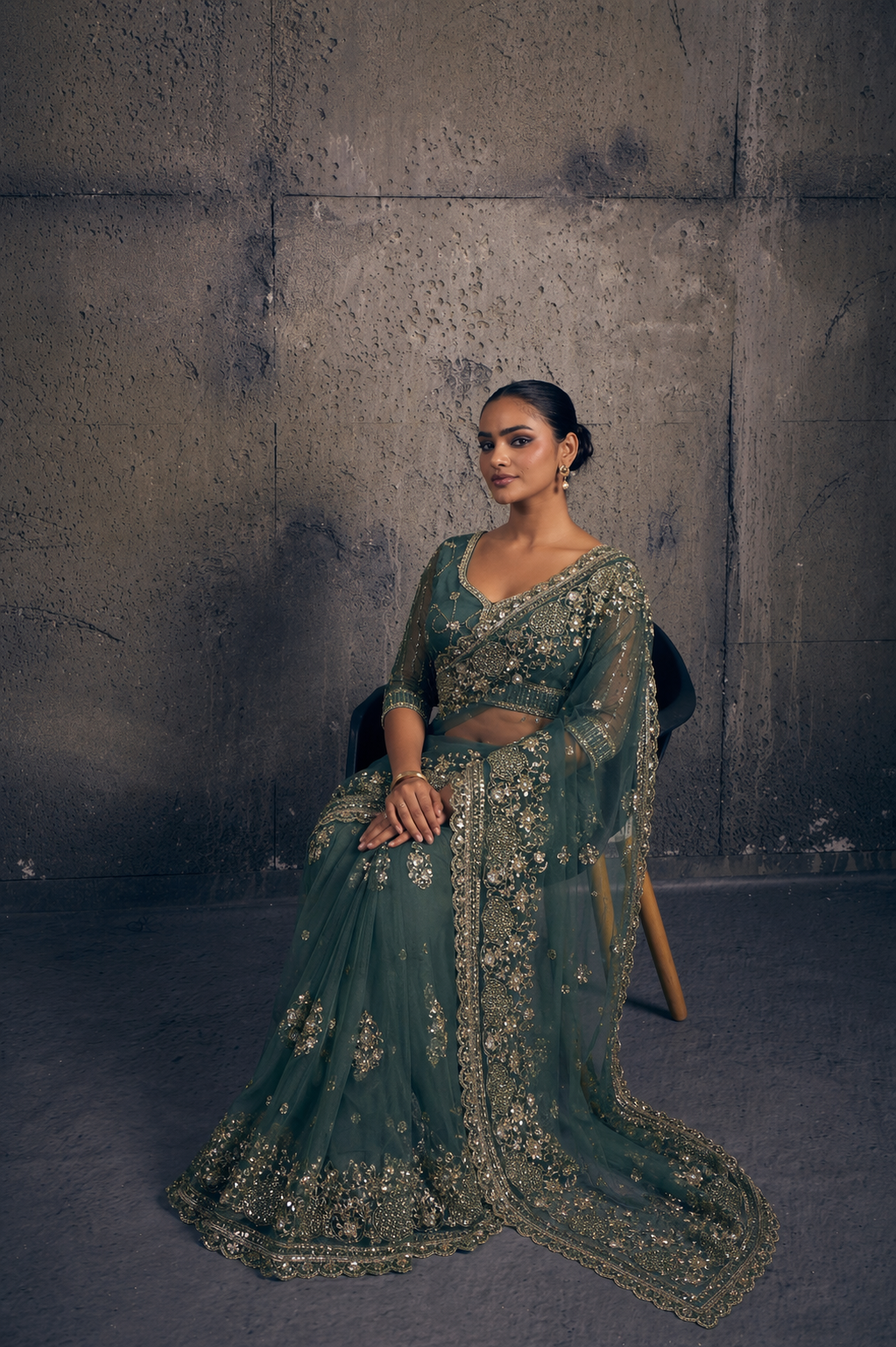 Emerald Green Net Saree with Hand Embroidery with Stitched Blouse