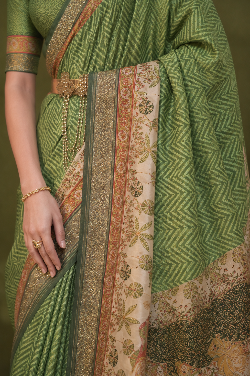 Green Raw Silk Saree with Cream Border & Heritage Work