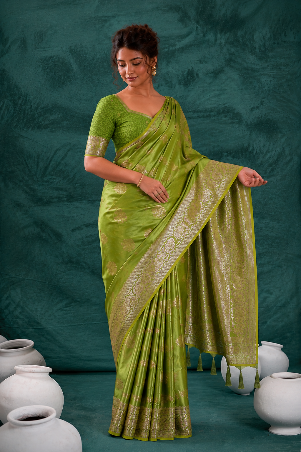 Mehendi Green Banarasi Satin Silk Rich Pallu Saree with Silver Zari Weaving Detailing