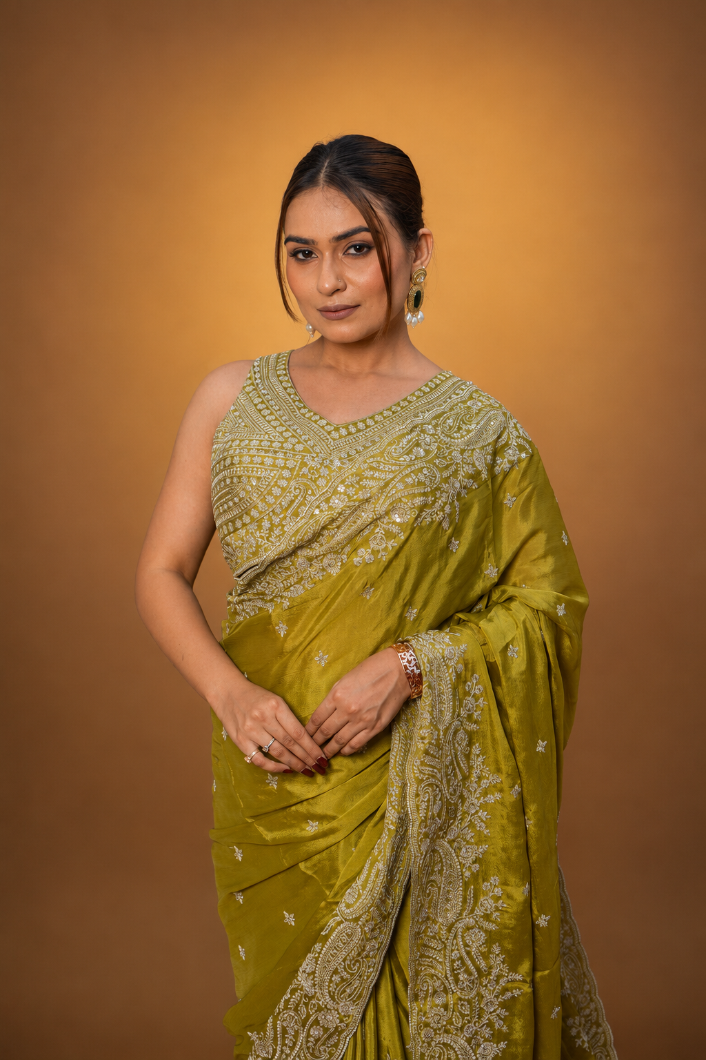 Two Blouse Concept – Mehendi Green Crepe Silk Saree with Sequin and Zari Work