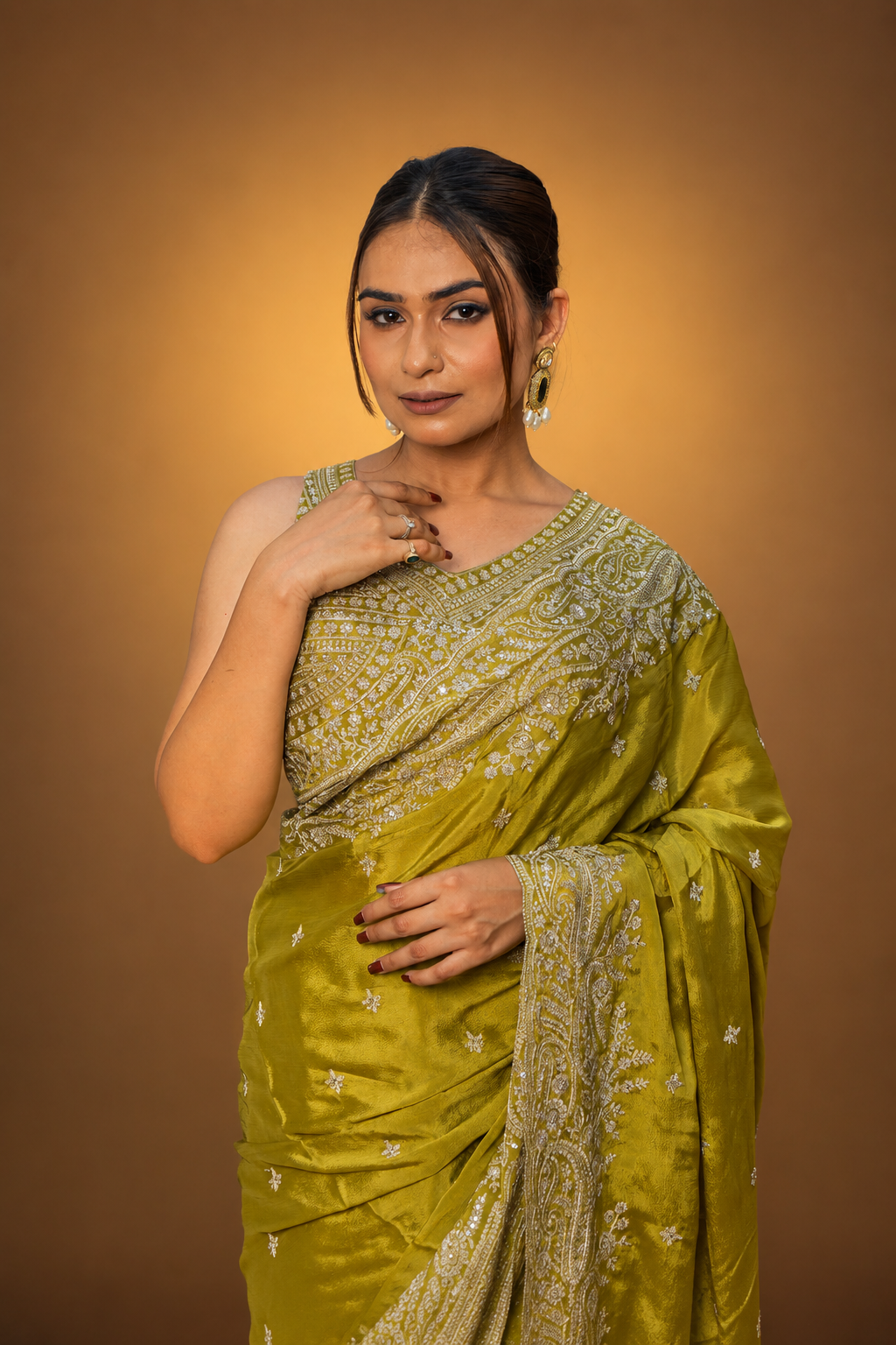 Two Blouse Concept – Mehendi Green Crepe Silk Saree with Sequin and Zari Work