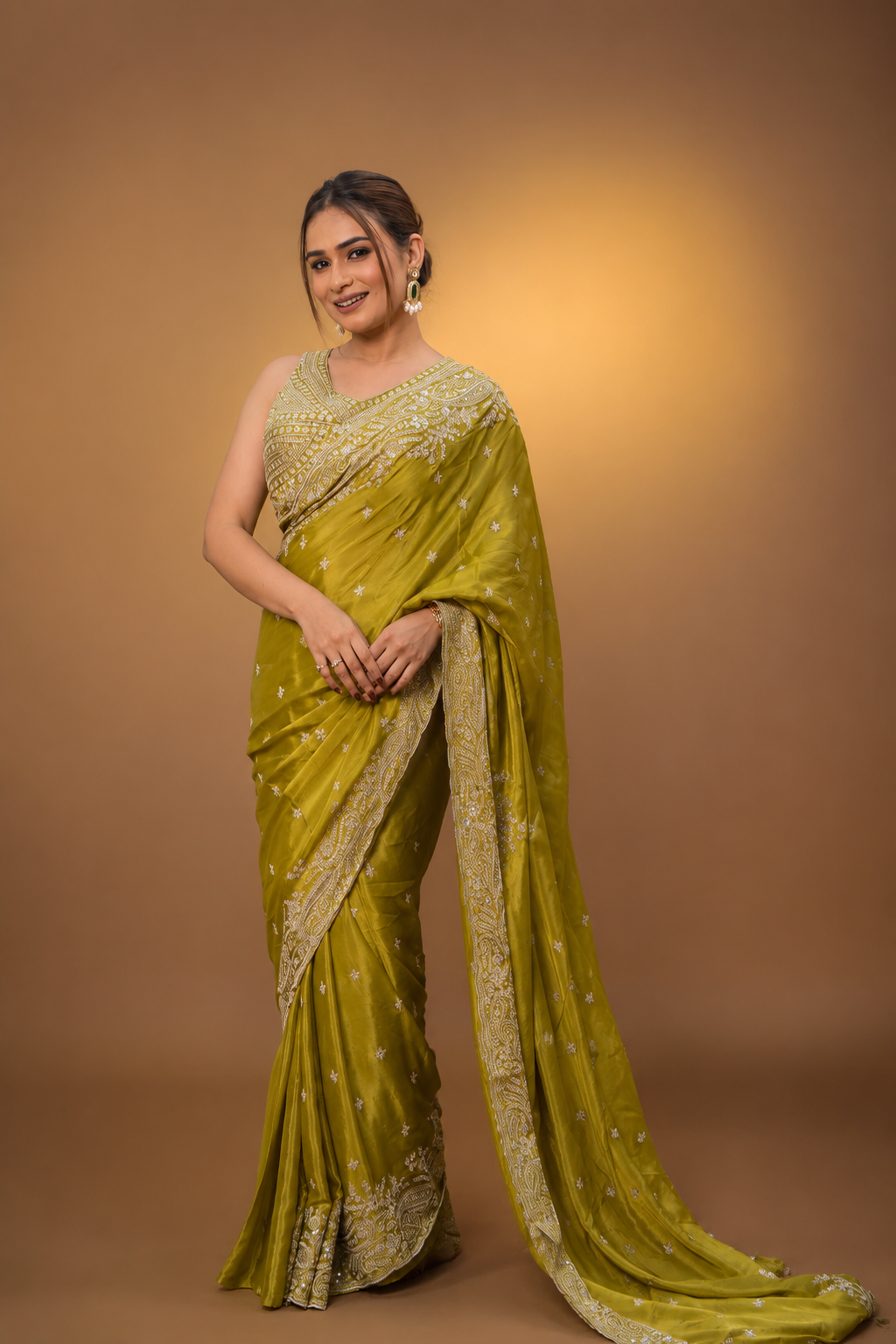 Two Blouse Concept – Mehendi Green Crepe Silk Saree with Sequin and Zari Work