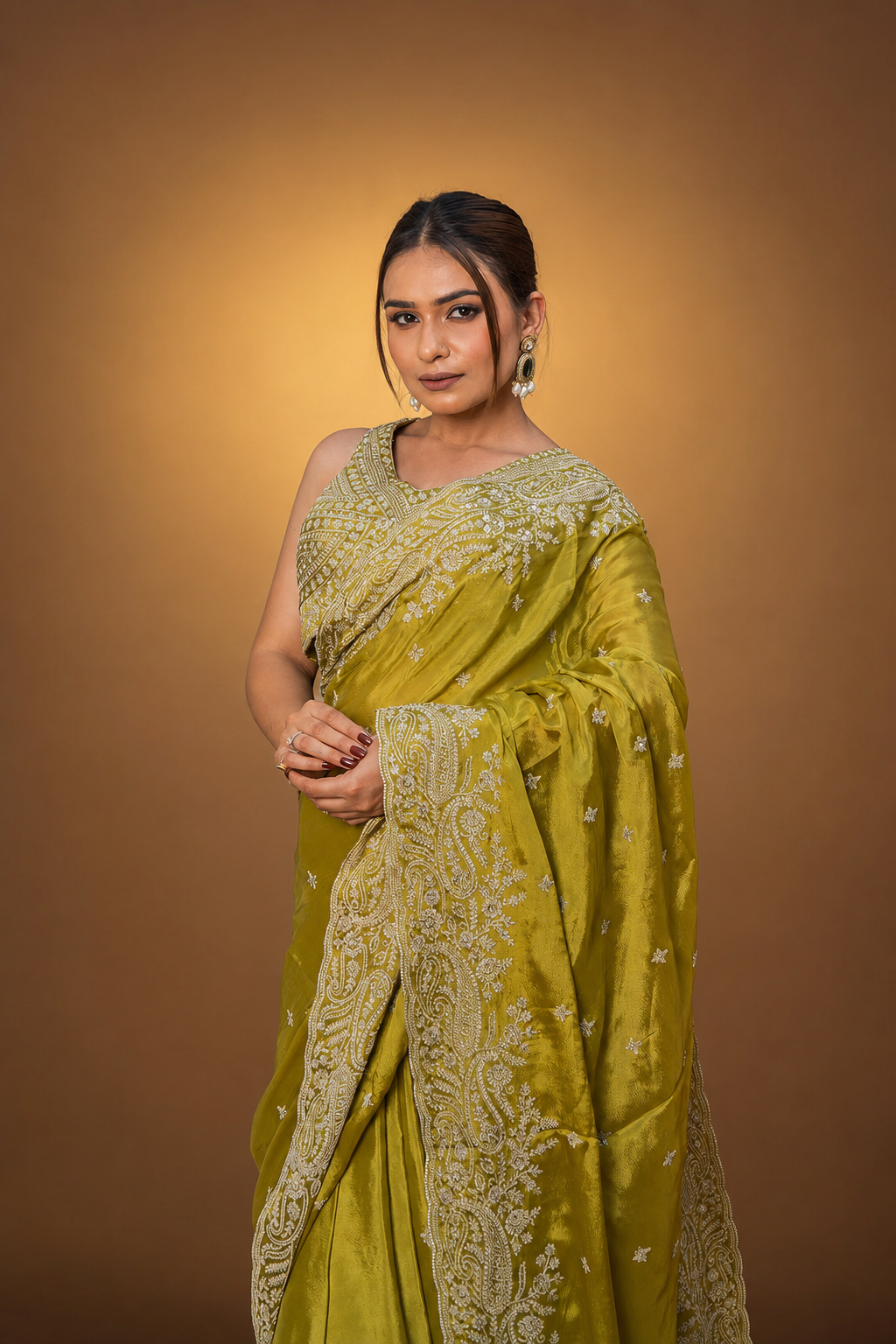 Two Blouse Concept – Mehendi Green Crepe Silk Saree with Sequin and Zari Work