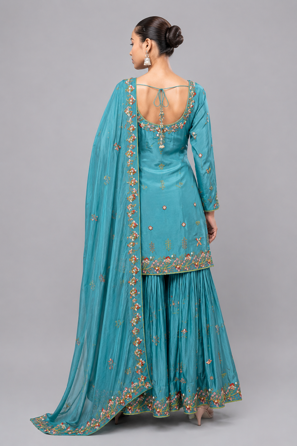 Sky Blue Garara Kurta Set with Pearl, Jarkan & Multicolor Embroidery